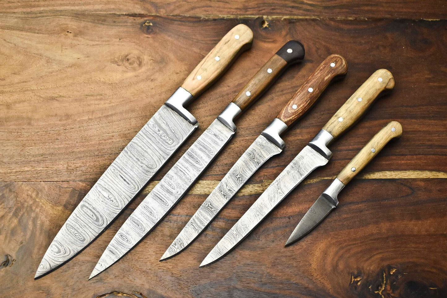 Exclusive Custom Lot of 5 Handmade Hammered Damascus Steel Chef Knife Set