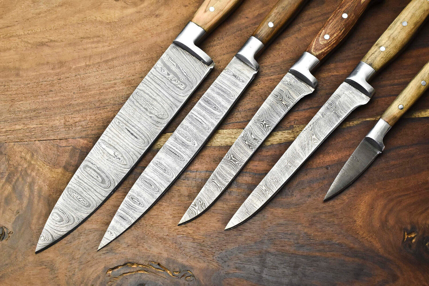 Exclusive Custom Lot of 5 Handmade Hammered Damascus Steel Chef Knife Set