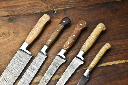 Exclusive Custom Lot of 5 Handmade Hammered Damascus Steel Chef Knife Set