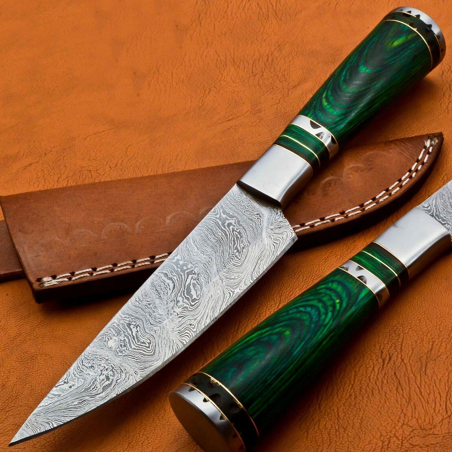 Custom Handmade Damascus Steel Skinner & Chef Knife – Pakka Wood Handle with Leather Sheath