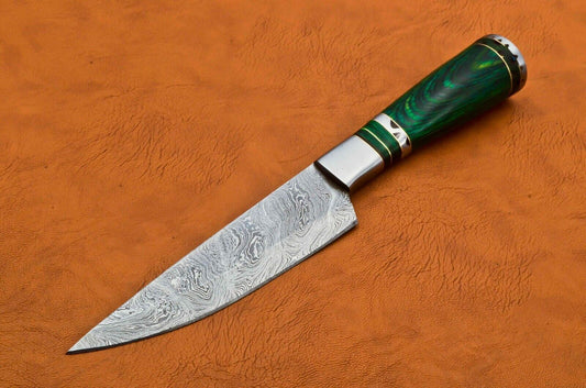 Custom Handmade Damascus Steel Skinner & Chef Knife – Pakka Wood Handle with Leather Sheath