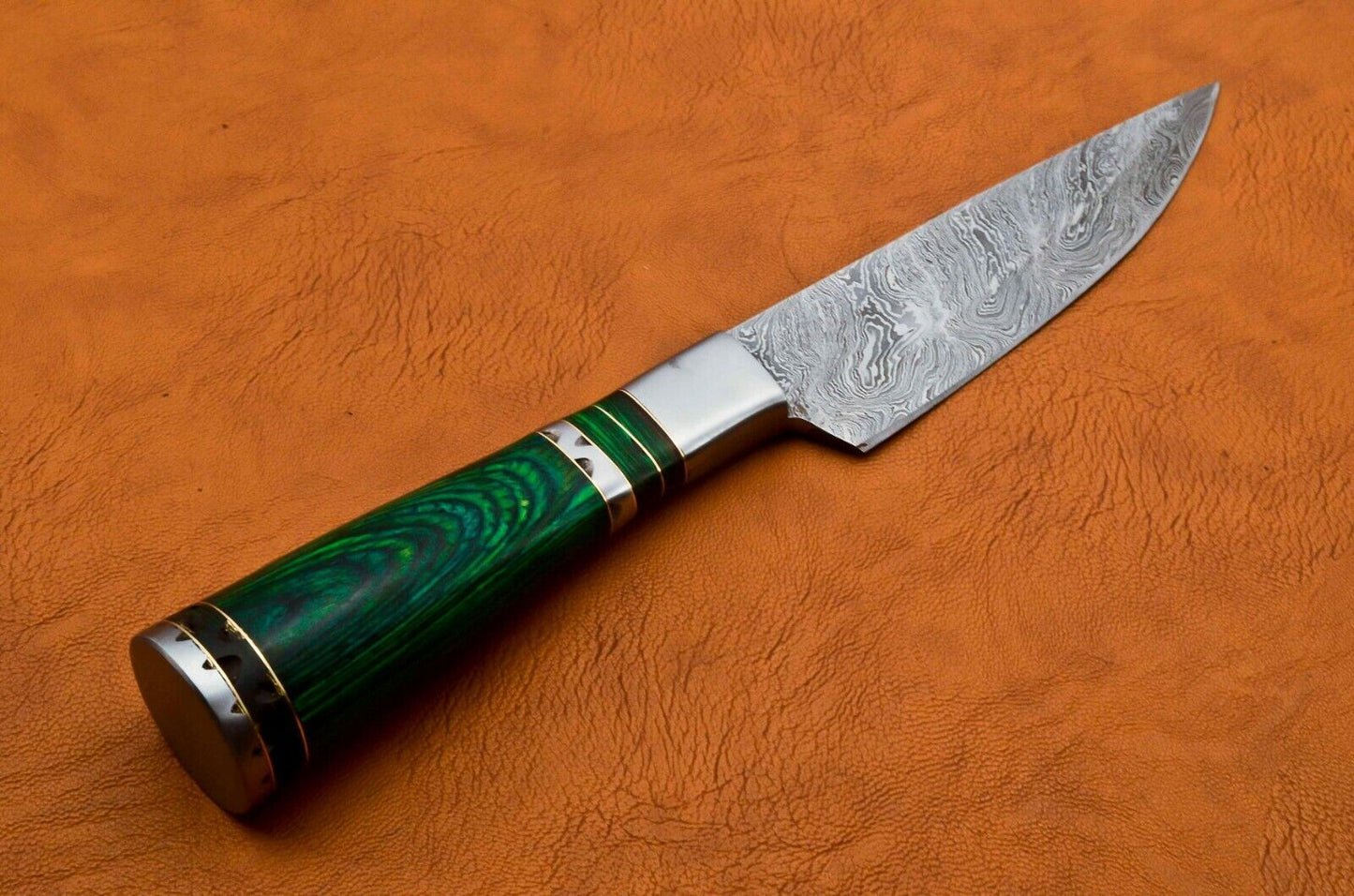 Custom Handmade Damascus Steel Skinner/Chef Knife – 9.5" Ladder Pattern Blade with Pakka Wood Handle & Leather Sheath