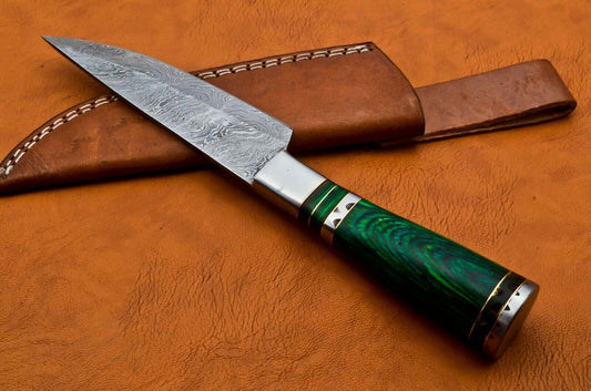 Custom Handmade Damascus Steel Skinner/Chef Knife – 9.5" Ladder Pattern Blade with Pakka Wood Handle & Leather Sheath