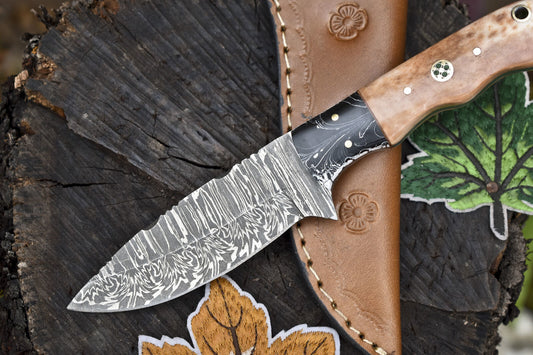 Twist Damascus Skinner Knife with Bone Handle and Micarta Bolster for Hunting and Camping