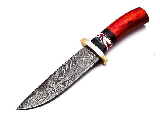 9.4" Damascus Bowie Hunting Knife – Walnut & Brass Handle with Leather Sheath