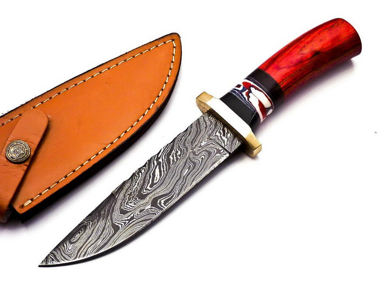 9.4" Damascus Bowie Hunting Knife – Walnut & Brass Handle with Leather Sheath