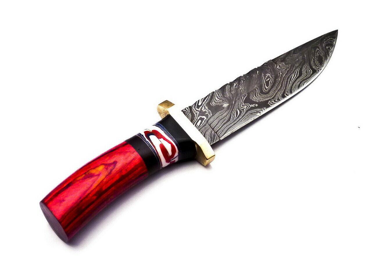 9.4" Damascus Bowie Hunting Knife – Walnut & Brass Handle with Leather Sheath