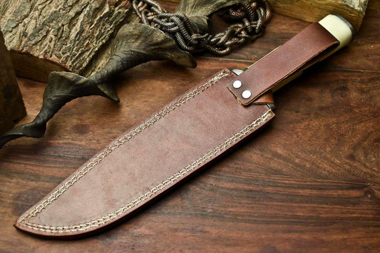 14.5" Damascus Bowie Knife with Camel Bone Handle & Leather Sheath