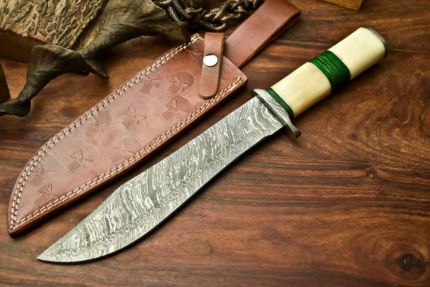 14.5" Damascus Bowie Knife with Camel Bone Handle & Leather Sheath