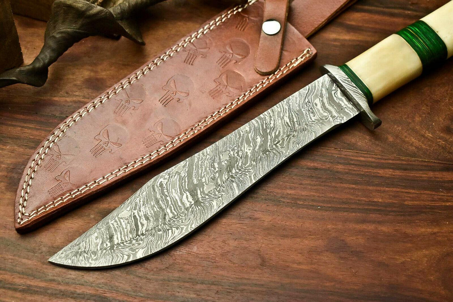 14.5" Damascus Bowie Knife with Camel Bone Handle & Leather Sheath