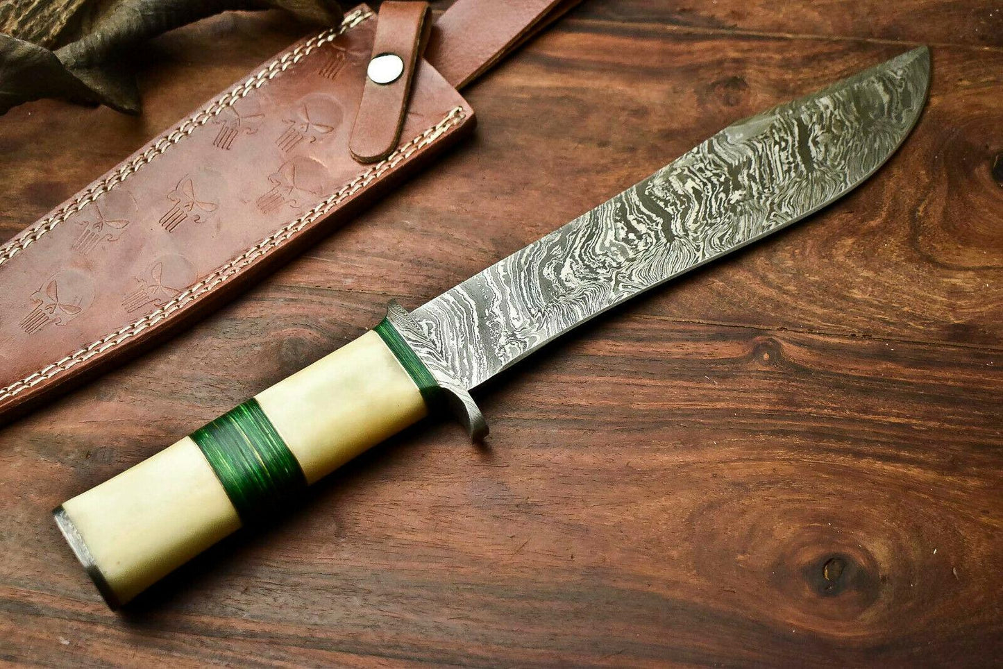 14.5" Damascus Bowie Knife with Camel Bone Handle & Leather Sheath