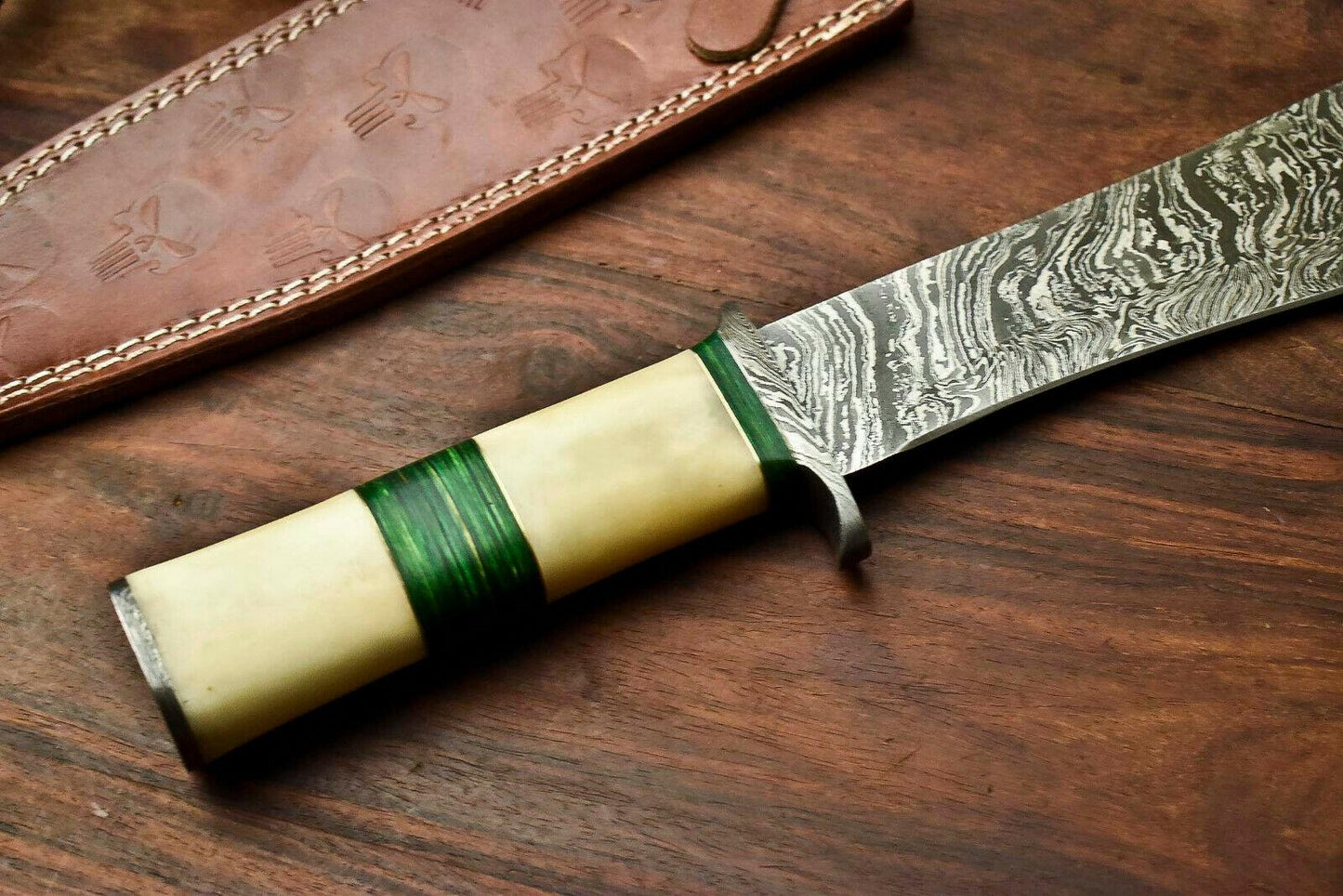 14.5" Damascus Bowie Knife with Camel Bone Handle & Leather Sheath