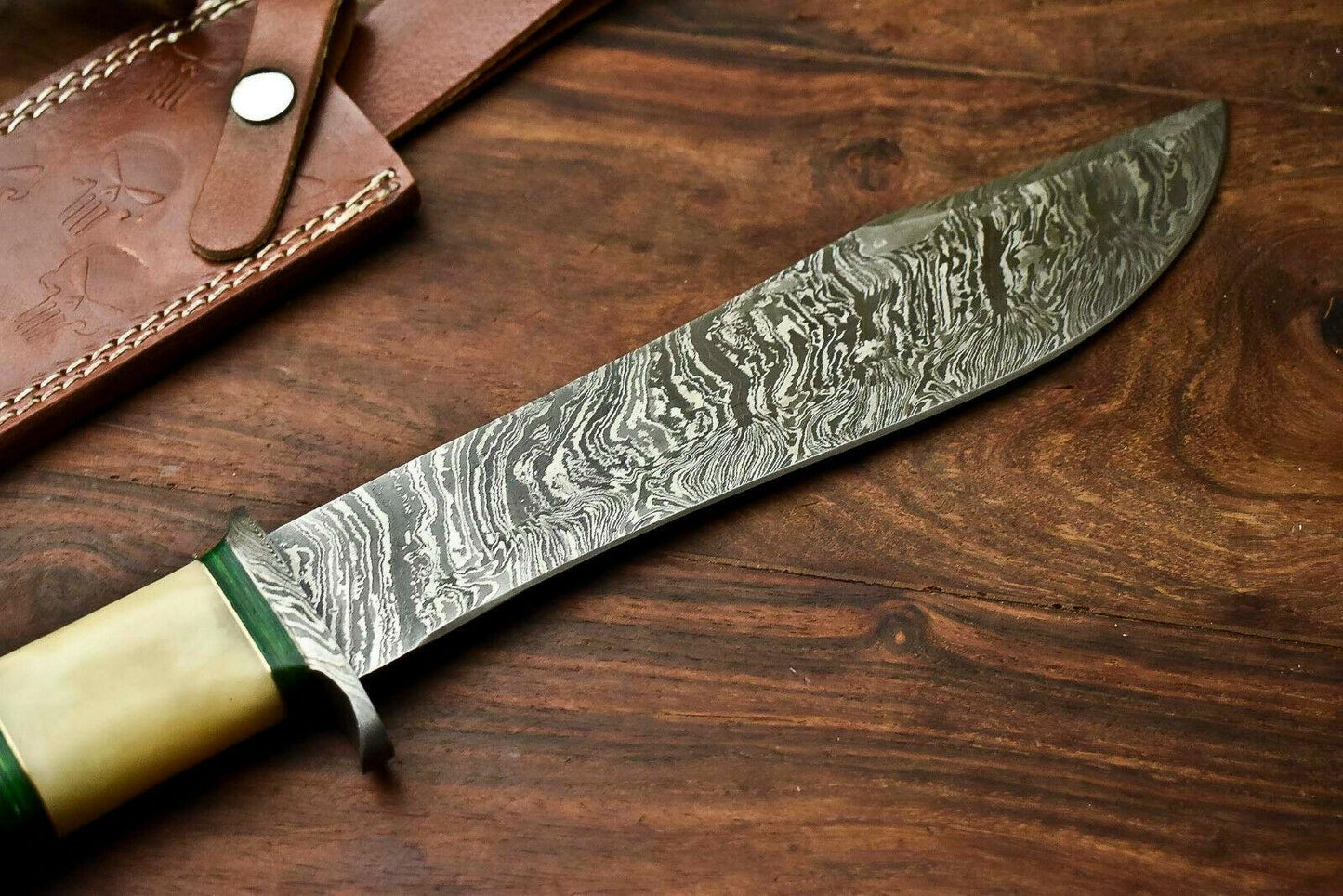14.5" Damascus Bowie Knife with Camel Bone Handle & Leather Sheath