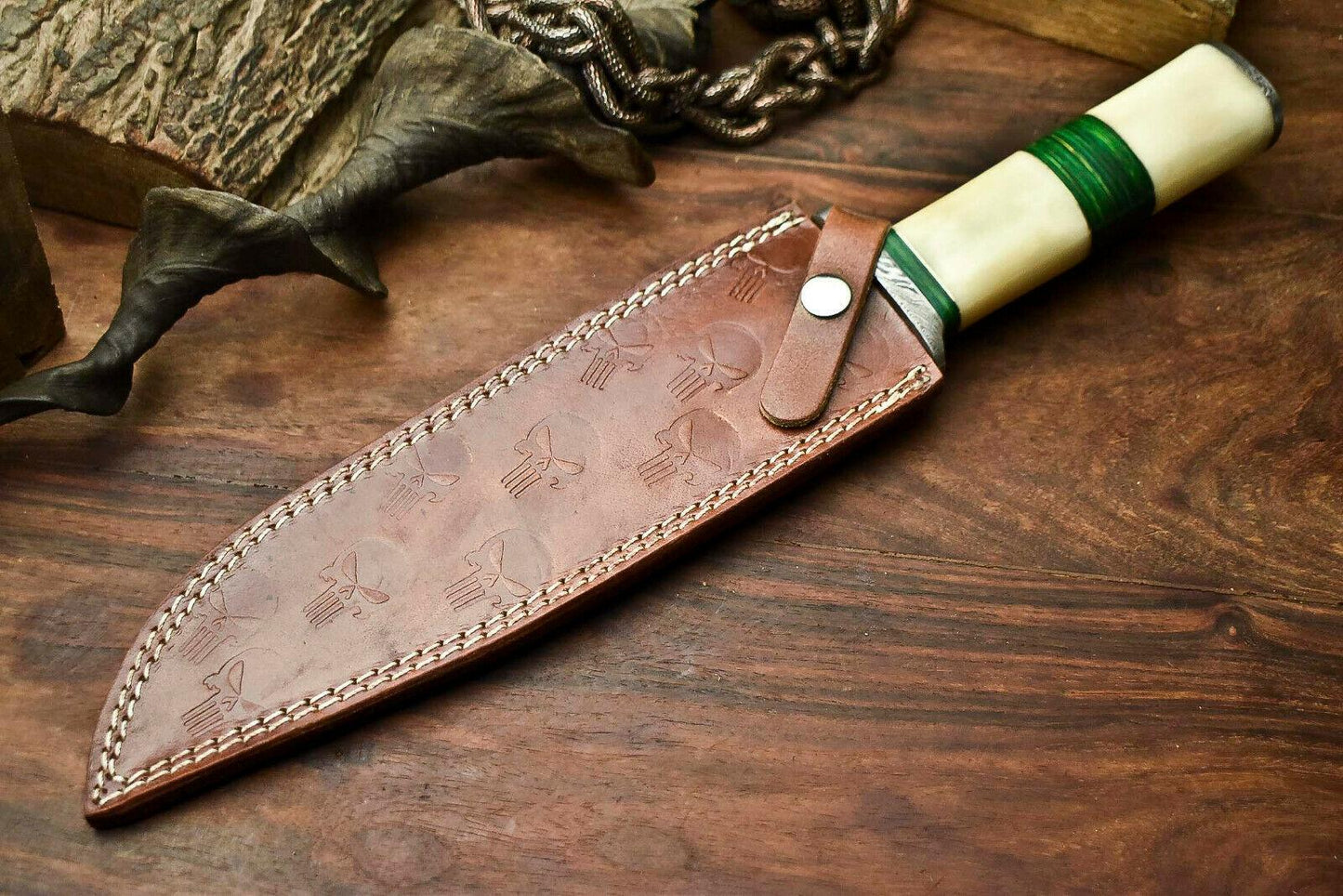 14.5" Damascus Bowie Knife with Camel Bone Handle & Leather Sheath