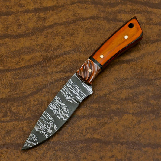 Custom Handmade Damascus EDC Hunting Knife with Resin and Wood Handle – Fixed Blade Skinner