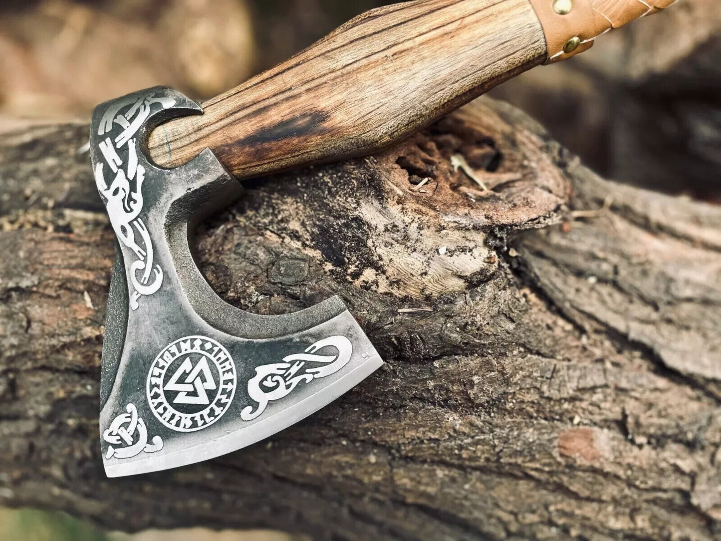 Hand-Forged Carbon Steel Viking Bushcraft Axe – Durable Cutting Hatchet with Leather Sheath