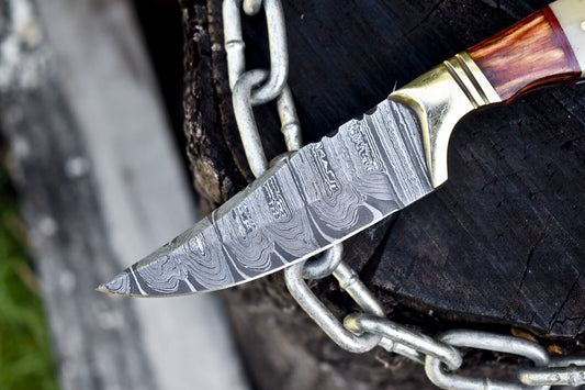 Handmade Twist Damascus Skinner Knife with Gut Hook and Hard Wood Handle