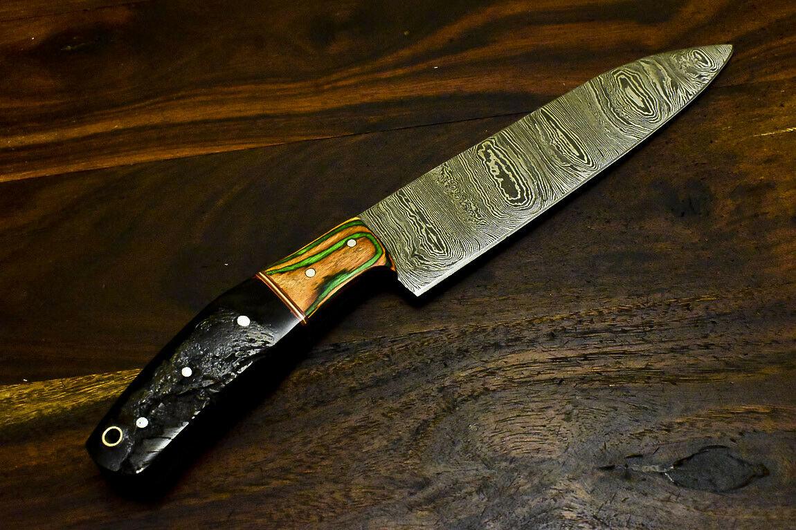 Rare Handmade Damascus Steel Hunting Chef Knife – Ram's Horn Handle, 11" Full Tang