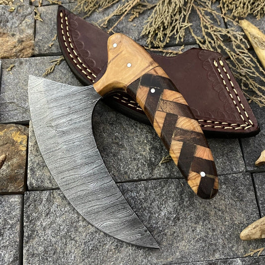 7" Handmade Damascus Steel Ulu Hunting Knife – Rosewood Handle w/ Sheath