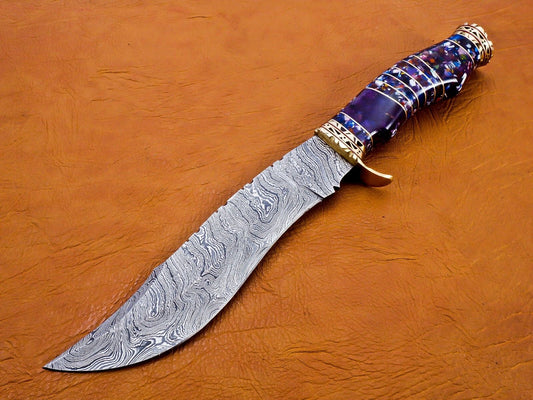 13 Inch Damascus Steel Hunting Bowie Knife with Resin and Brass Handle