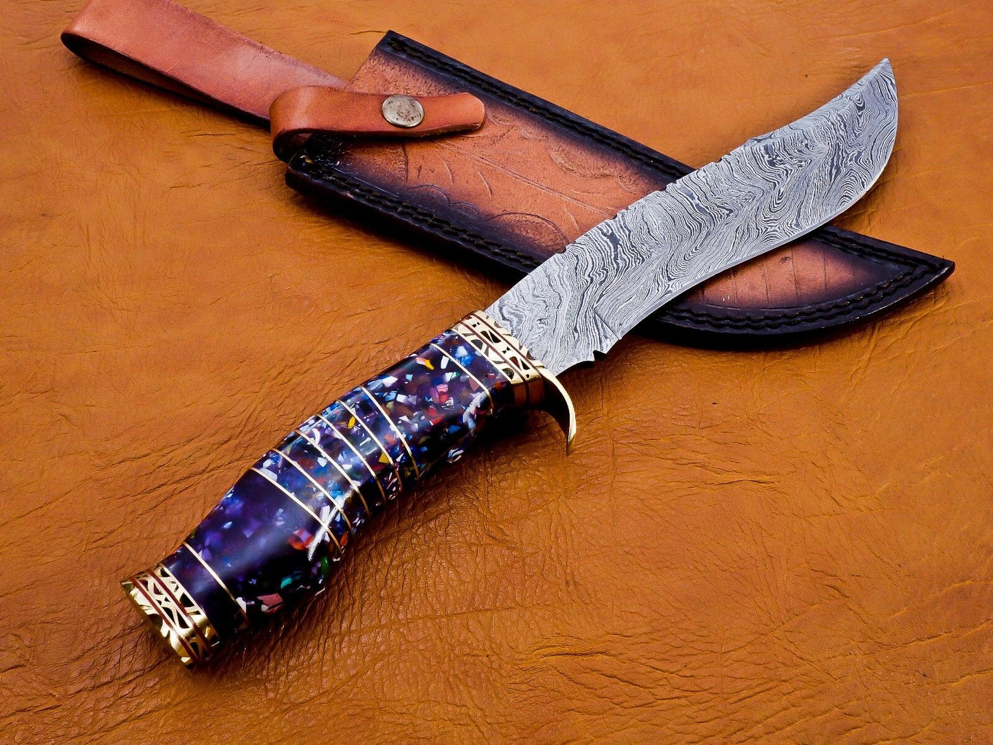 13 Inch Damascus Steel Hunting Bowie Knife with Resin and Brass Handle