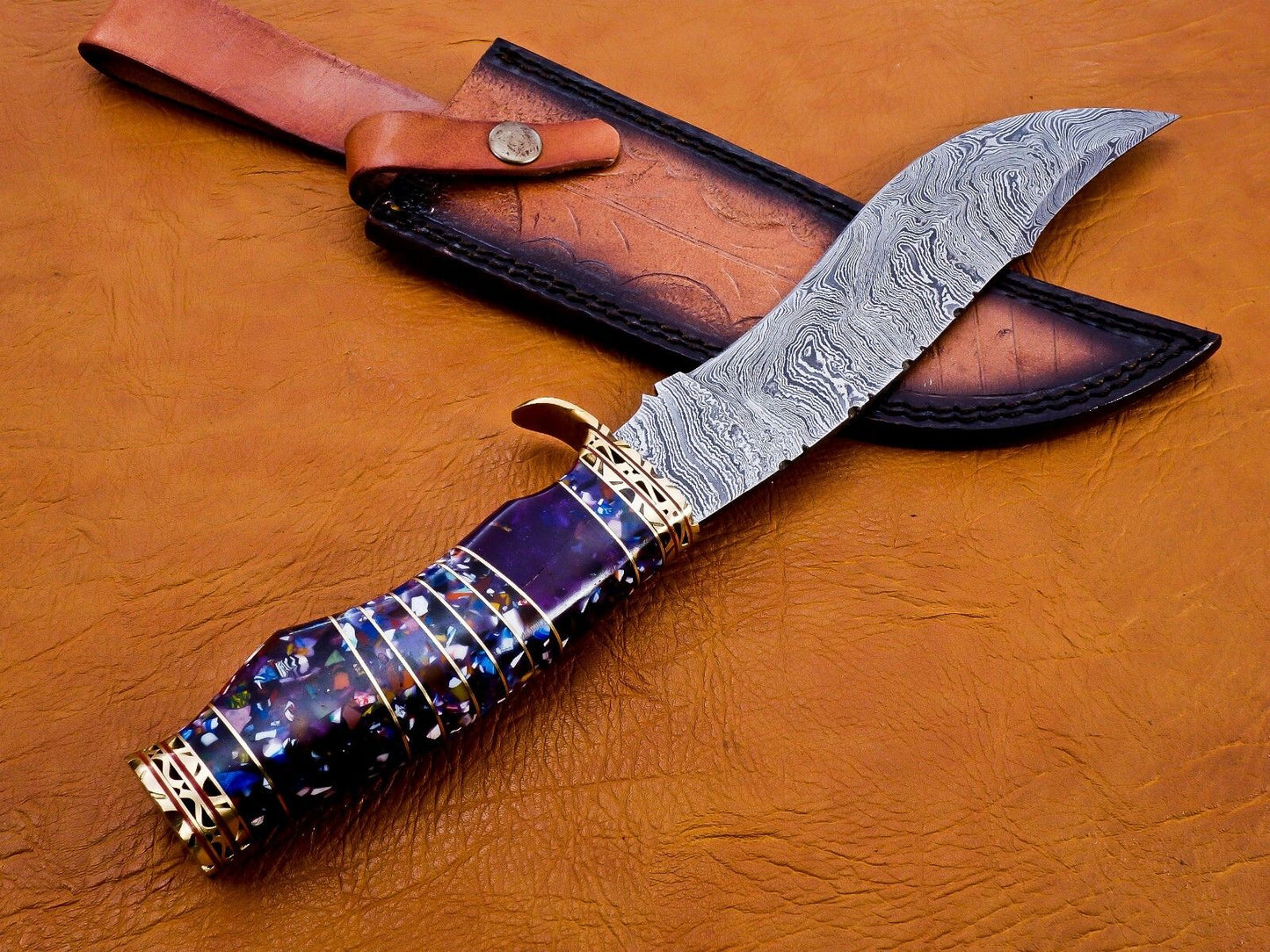 13 Inch Damascus Steel Hunting Bowie Knife with Resin and Brass Handle