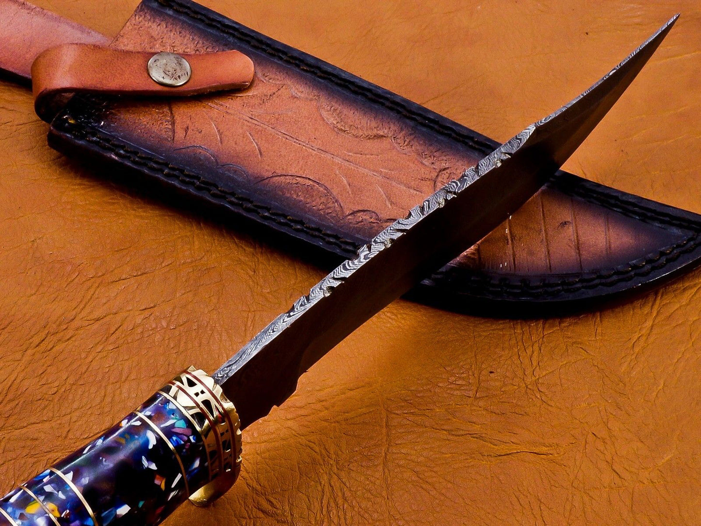 13 Inch Damascus Steel Hunting Bowie Knife with Resin and Brass Handle