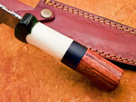 12" Handmade Damascus Bowie Knife – Camel Bone & Hardwood Hunting Knife with Leather Sheath