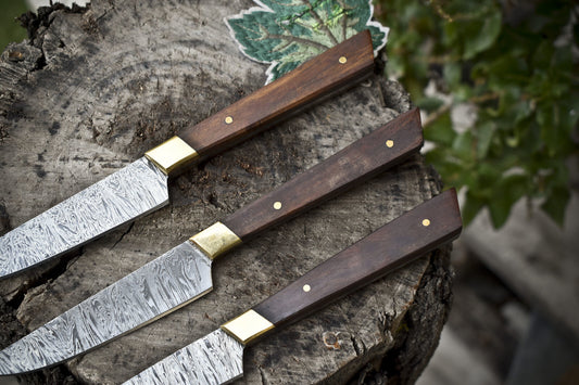 Hand Forged Knife Chef Knife Twist Damascus Walnut Wood Lot of 3 EDC