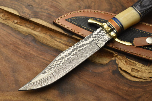 Custom Damascus Steel Bowie Knife Camel Bone Brass Guard Camping Knife