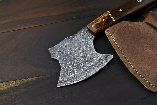 Hand Forged Damascus Steel Axe Knife Walnut Wood Hunting Clever Chopper with Leather Sheath