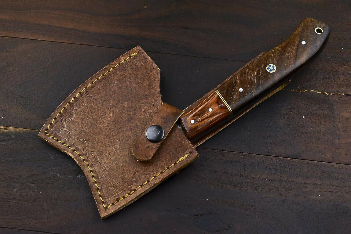 Hand Forged Damascus Steel Axe Knife Walnut Wood Hunting Clever Chopper with Leather Sheath