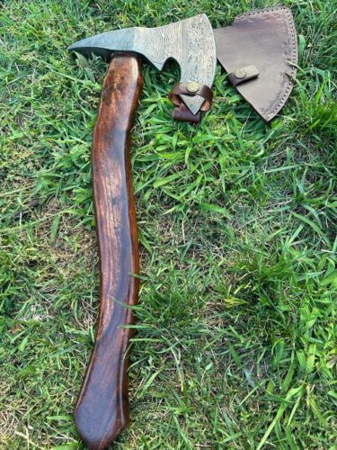 Custom Handmade Damascus Steel Viking Bearded Camping Hatchet Tomahawk Axe | 20-Inch with Natural Wood Handle & Leather Sheath