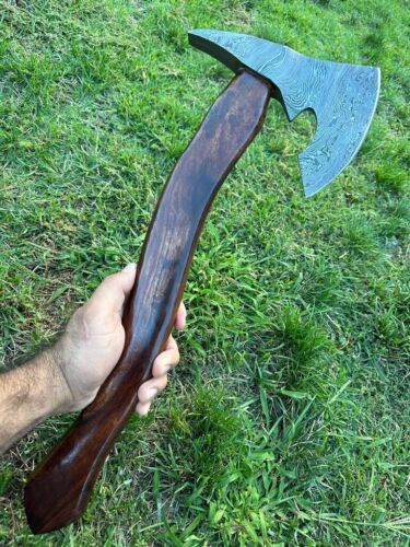 Custom Handmade Damascus Steel Viking Bearded Camping Hatchet Tomahawk Axe | 20-Inch with Natural Wood Handle & Leather Sheath