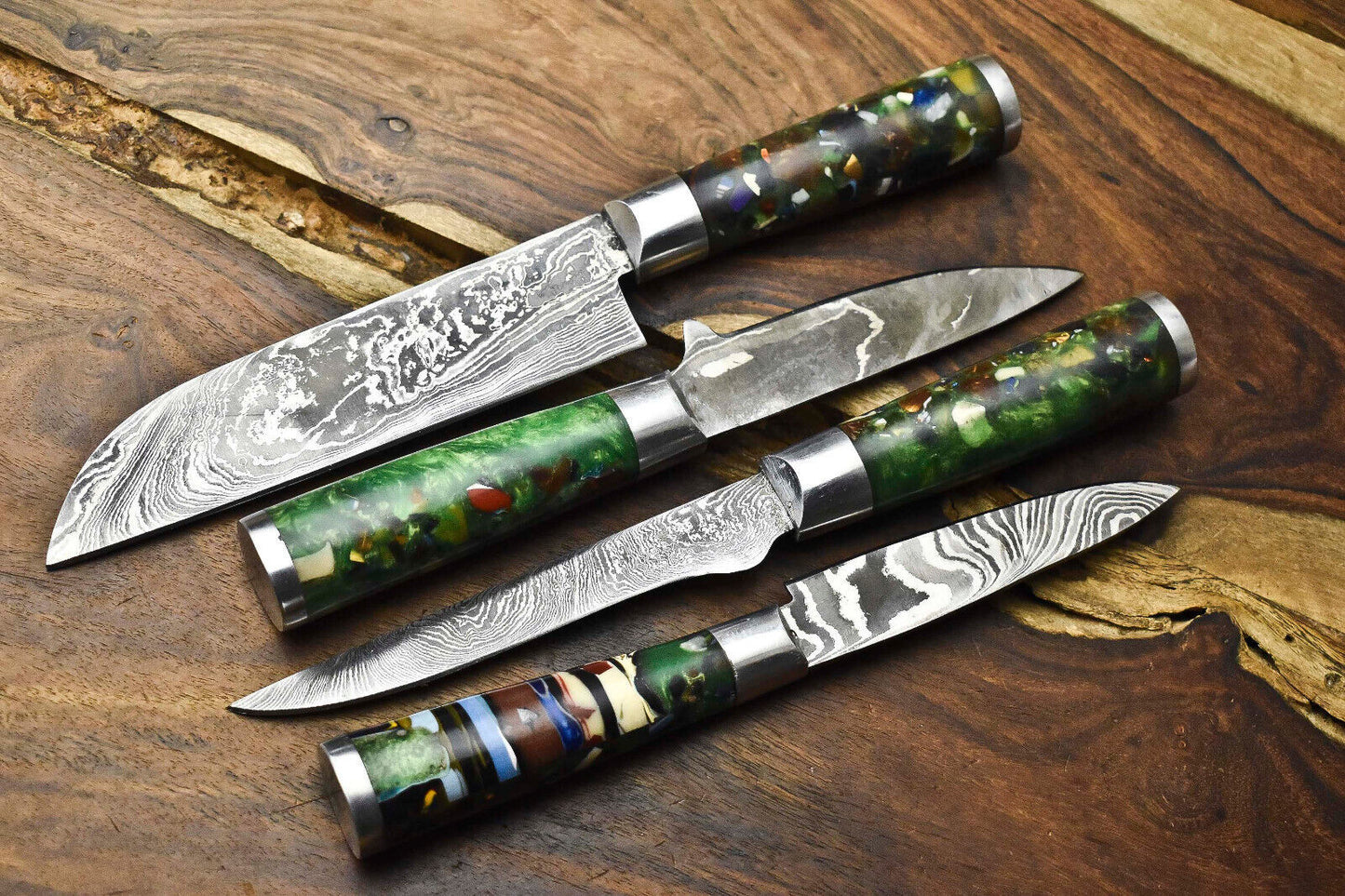 Lot of 4 Handmade Damascus Steel Blade Chef Knife Set – Oil Tempered 58-60 HRC, Sharpened at 20°