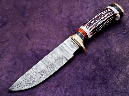 10 Inch Custom Handmade Damascus Camping Knife with Stag Handle by Heritage Forge