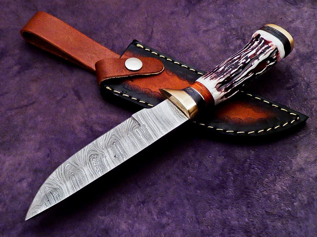 10 Inch Custom Handmade Damascus Camping Knife with Stag Handle by Heritage Forge