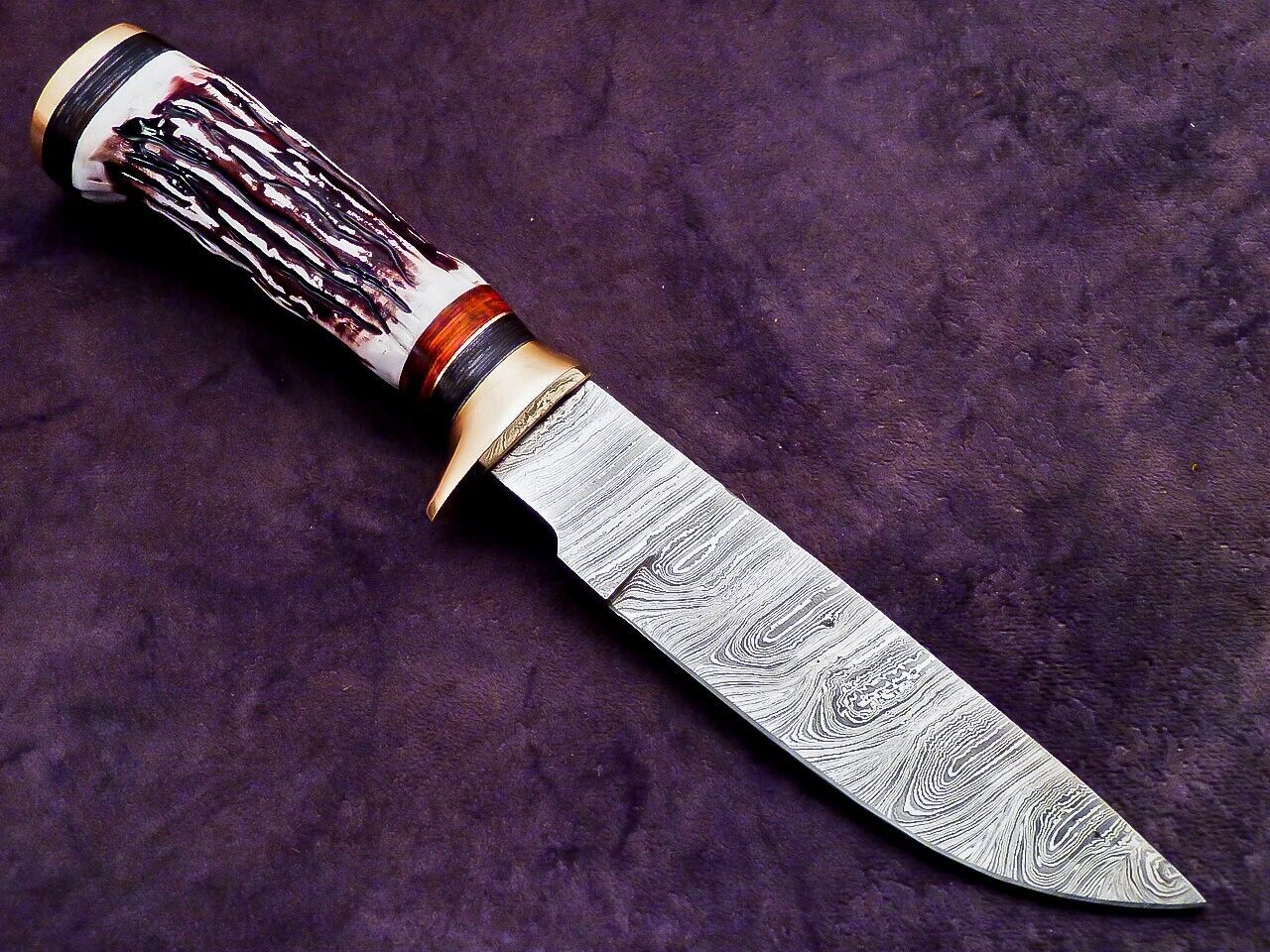10 Inch Custom Handmade Damascus Camping Knife with Stag Handle by Heritage Forge