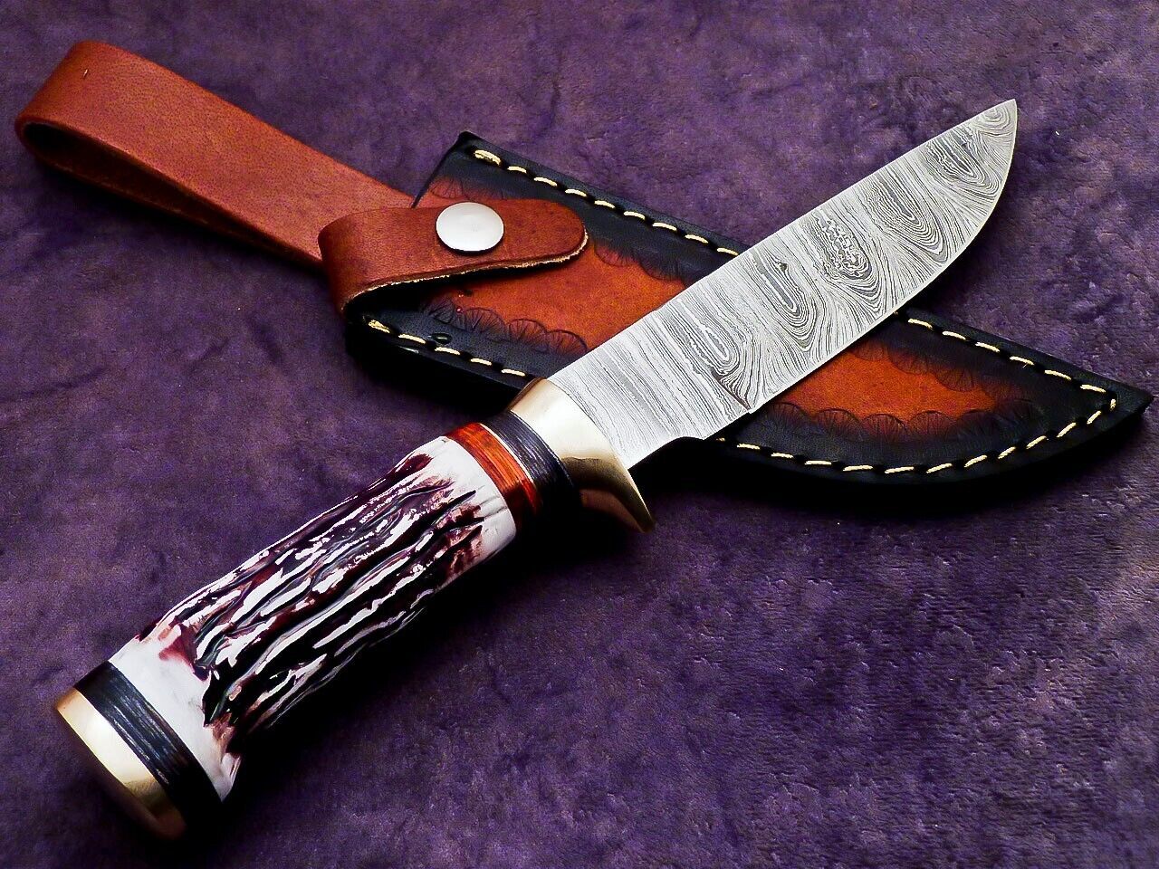 10 Inch Custom Handmade Damascus Camping Knife with Stag Handle by Heritage Forge