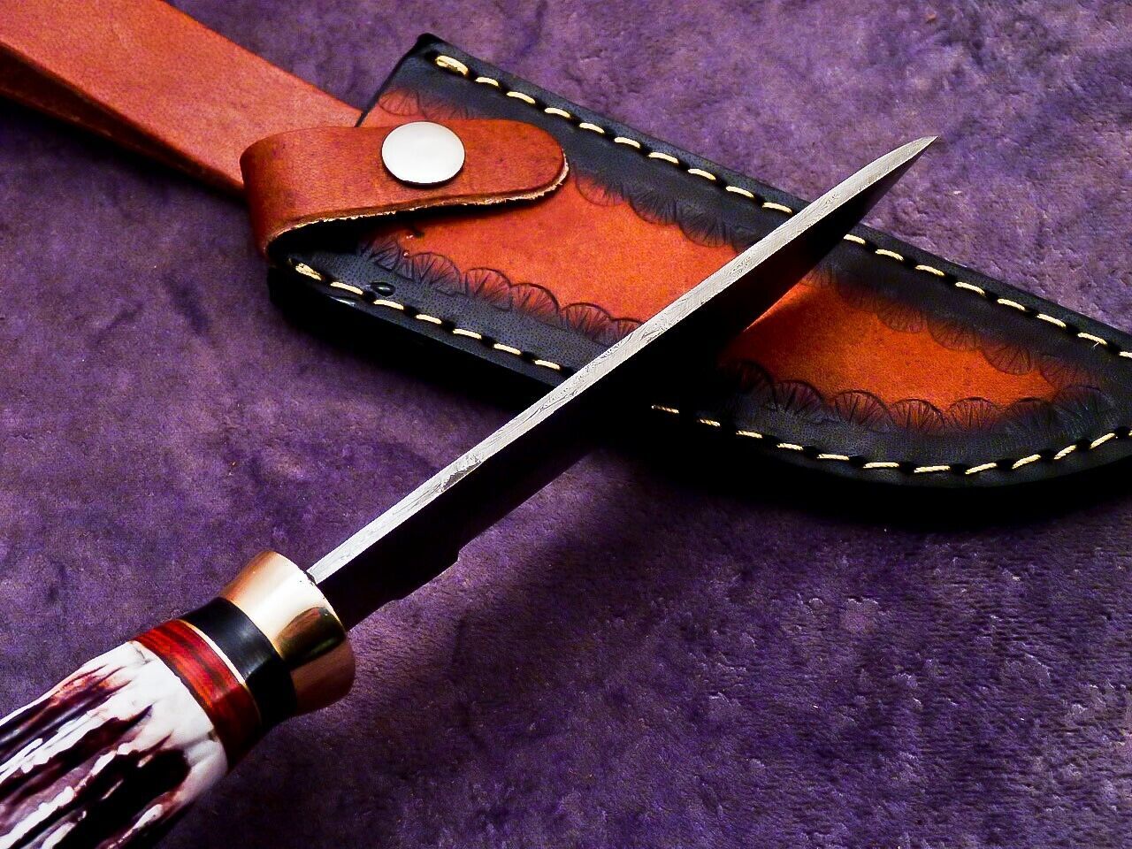 10 Inch Custom Handmade Damascus Camping Knife with Stag Handle by Heritage Forge