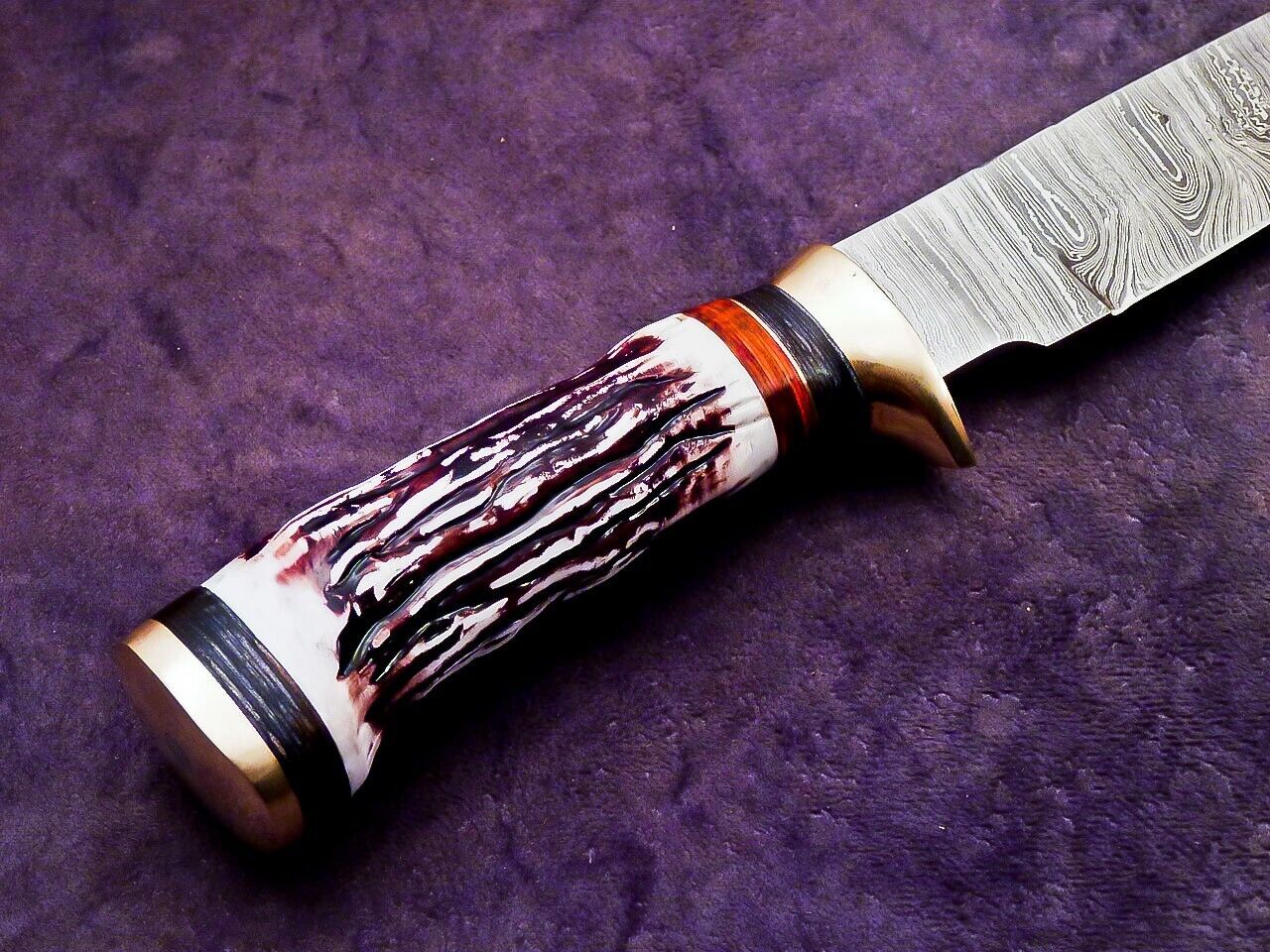 10 Inch Custom Handmade Damascus Camping Knife with Stag Handle by Heritage Forge