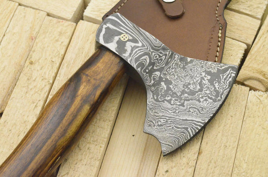 Hand Forged Damascus Tomahawk Knife Hatchet Axe with Wood Handle and Leather Sheath