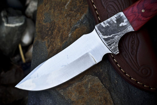 9" AUS-8 Steel Skinner Knife – Hardwood Handle, Damascus Bolster, Leather Sheath