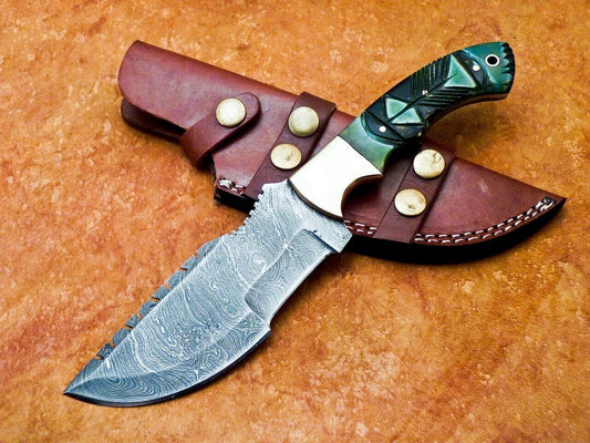 10" Full Tang Damascus Bowie Knife – Camel Bone Handle & Brass Bolster