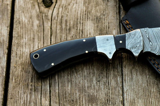 11" Custom Handmade Damascus Hunting Bowie Knife | Water Buffalo Horn Handle | Leather Sheath