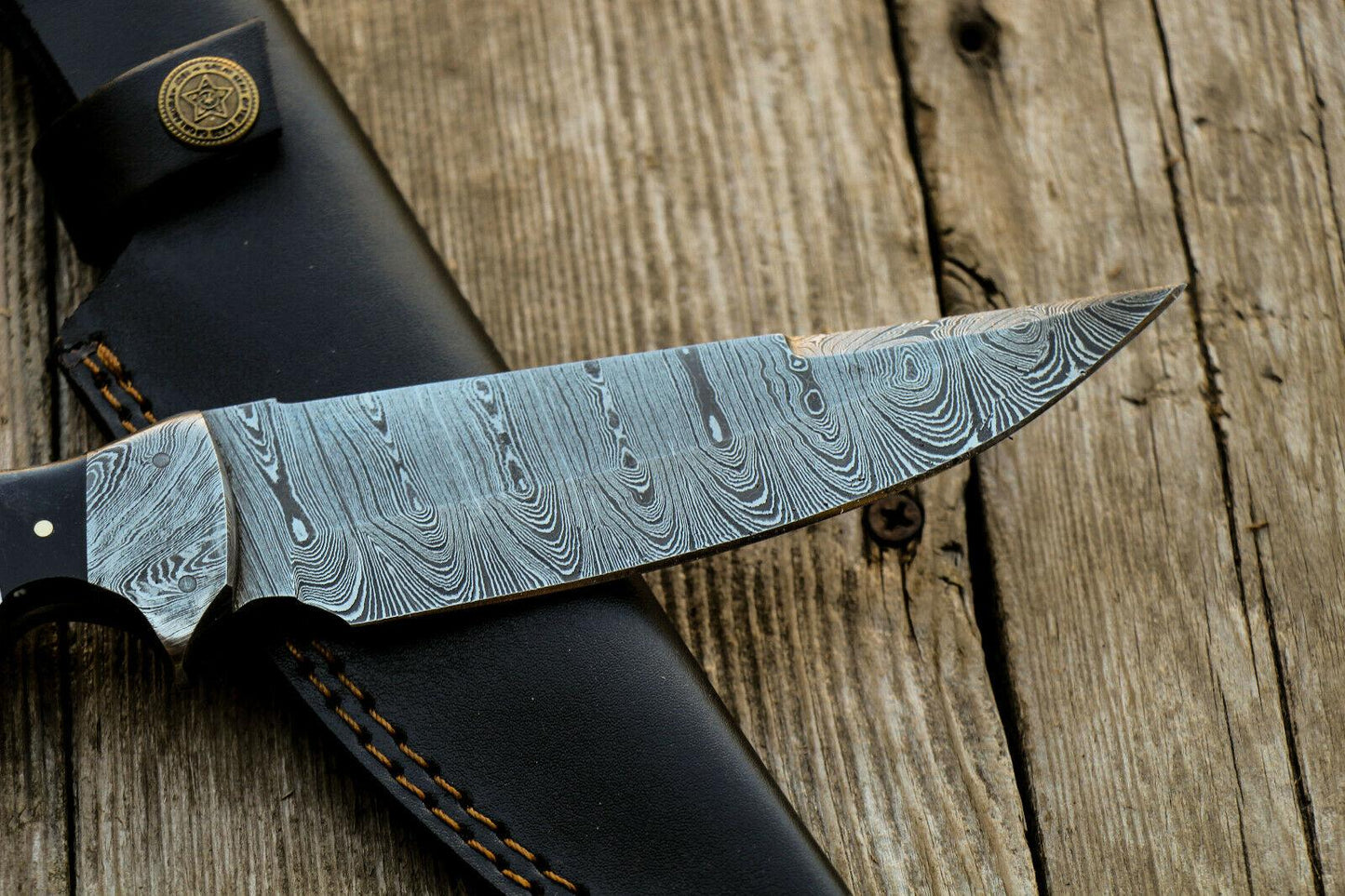 11" Custom Handmade Damascus Hunting Bowie Knife | Water Buffalo Horn Handle | Leather Sheath
