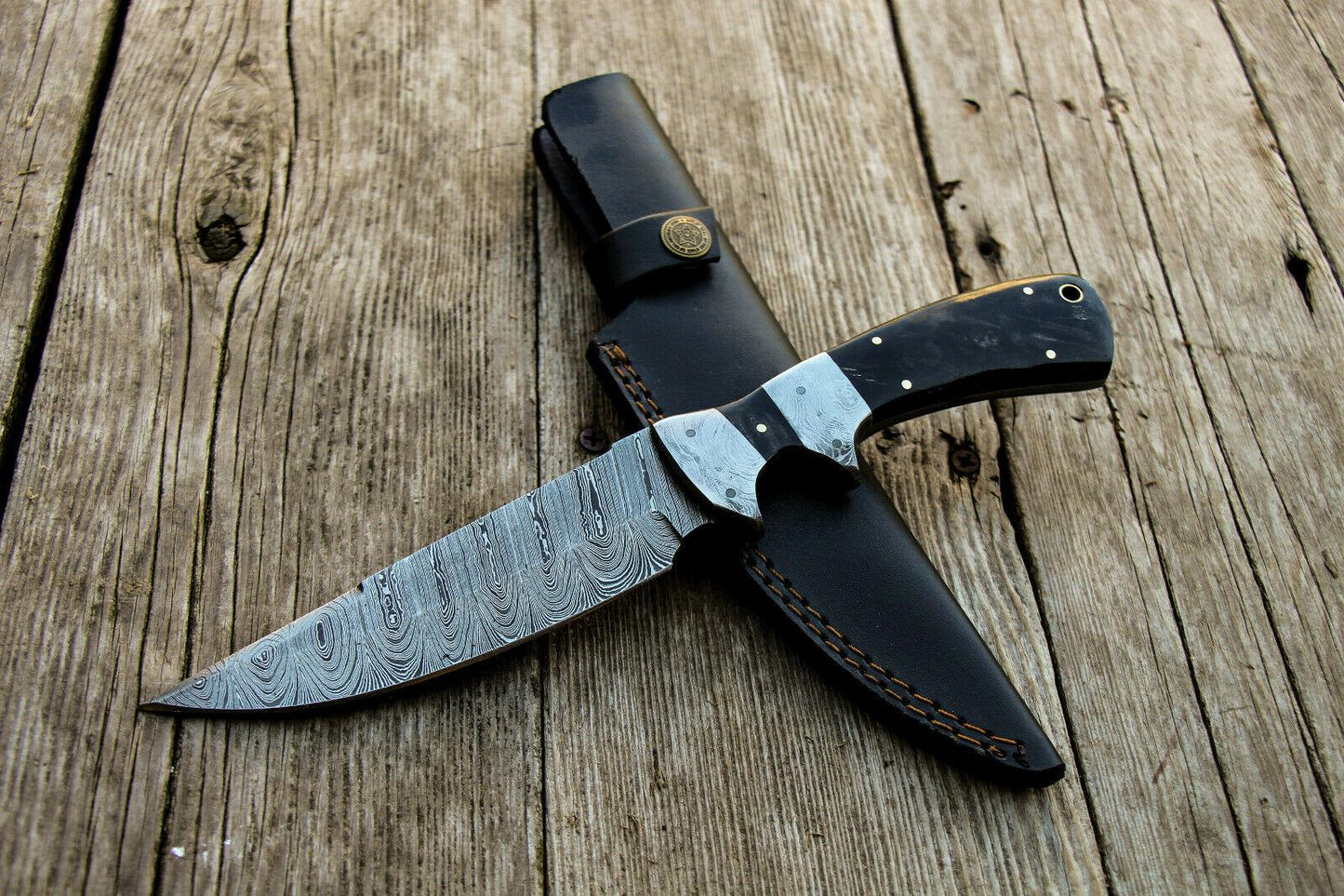 11" Custom Handmade Damascus Hunting Bowie Knife | Water Buffalo Horn Handle | Leather Sheath