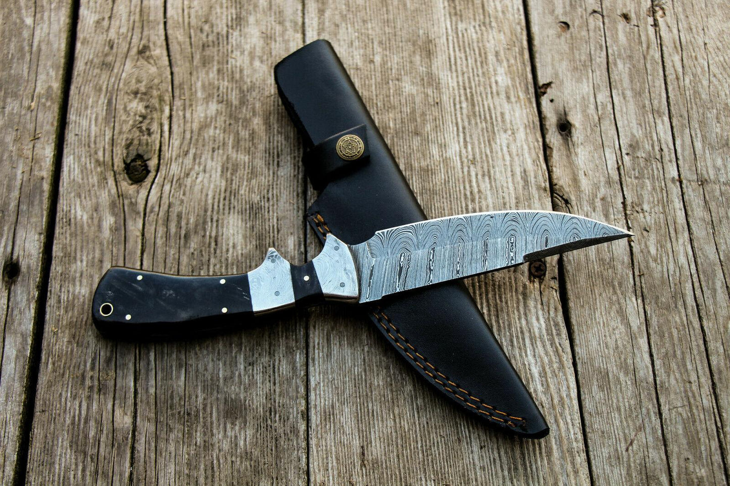 11" Handmade Damascus Steel Bowie Knife | Water Buffalo Horn Handle & Leather Sheath