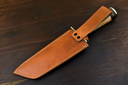 12" Handmade Damascus Steel Bowie Knife with Camel Bone Handle & Leather Sheath