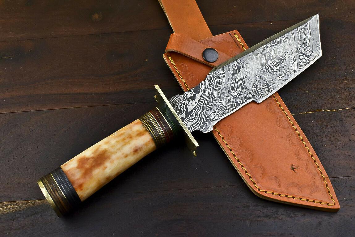 12" Handmade Damascus Steel Bowie Knife with Camel Bone Handle & Leather Sheath